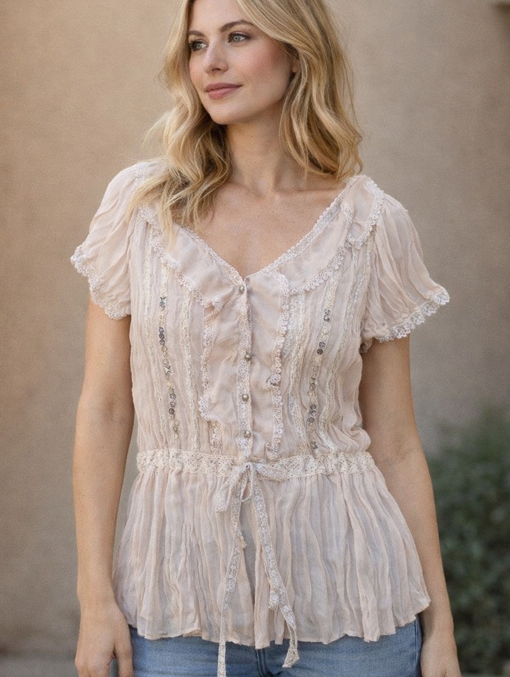 Light Blush Lace-Trim Pleated Tunic Blouse